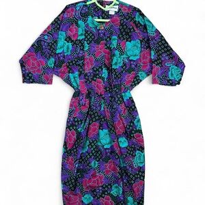 80s purple and black floral print dress